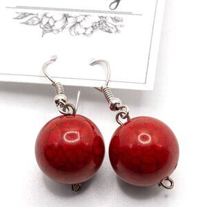 Handmade Beaded Faux Red Marble Drop Earrings, New